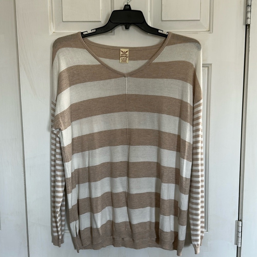 Faded Glory Tan and white striped top size large